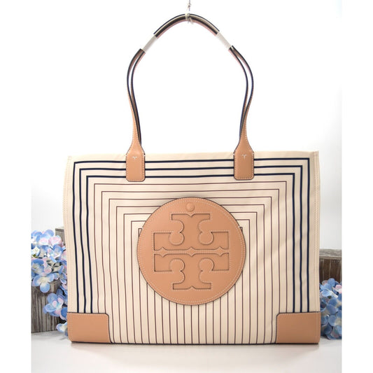 Tory Burch Ella Box Stripe Print Nylon Natural Leather Large Tote Bag NWT