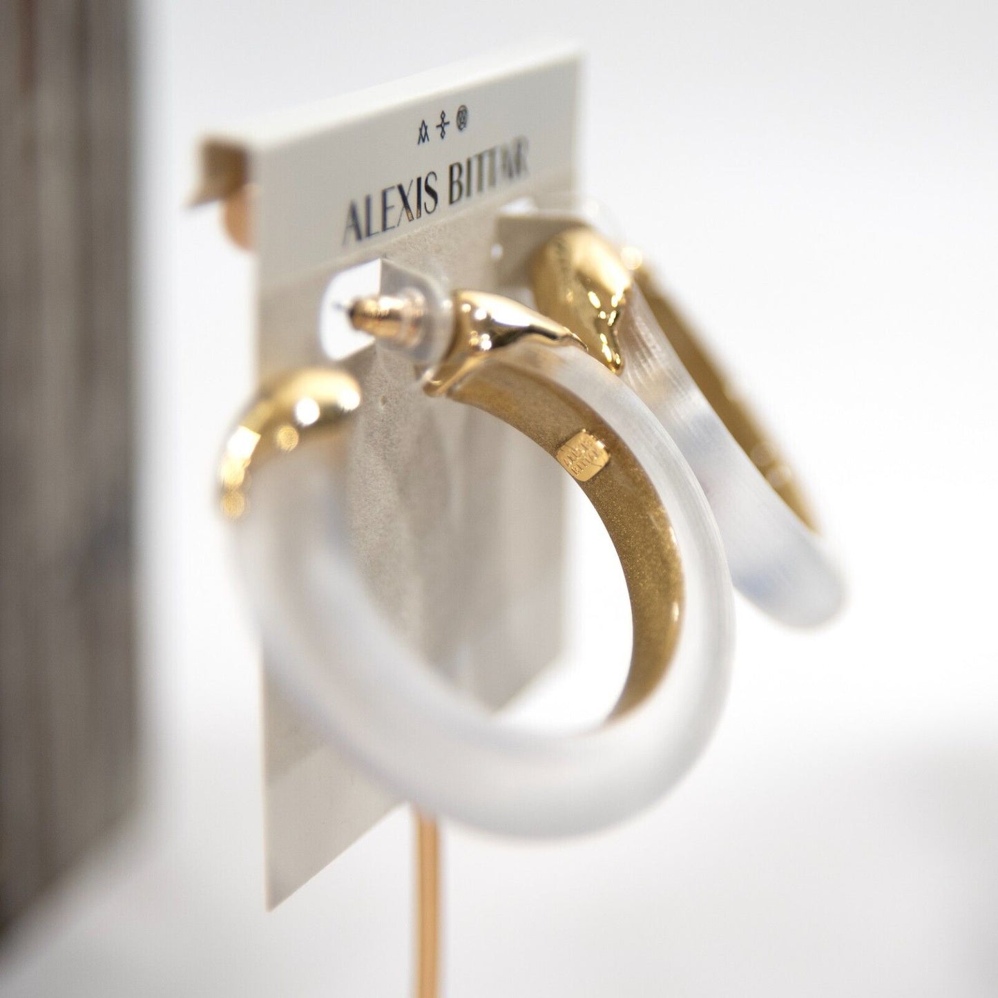 Alexis Bittar White Luminous Lucite Gold Dipped Large Hoop Huggie Earrings NWT