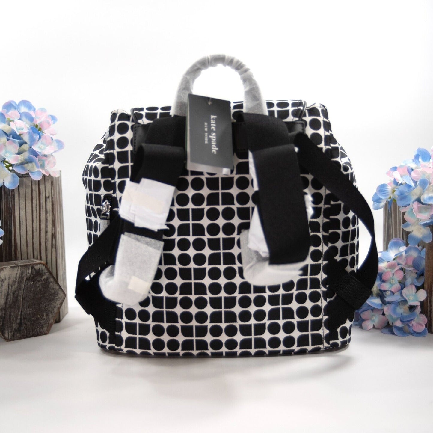 Kate Spade Noel Black White Nylon Jacquard Drawstring Large Backpack Bag NWT