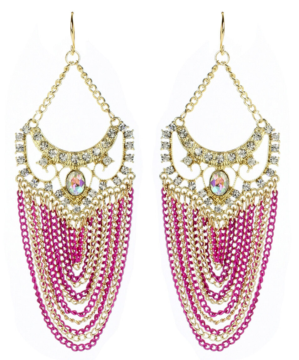 Amrita Singh Gold Crystal Elizabeth Street Fuschia Chain Earrings ERC 2027 NWT