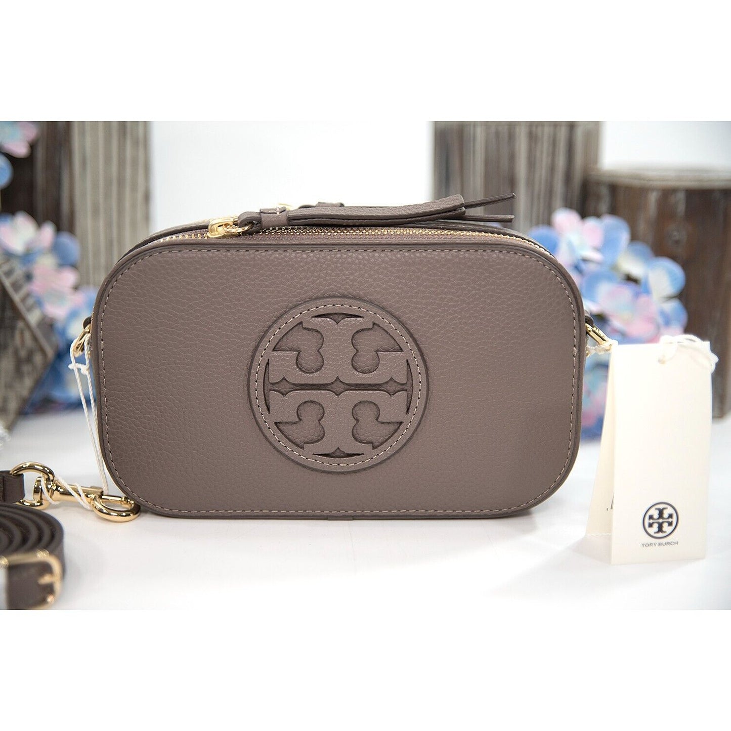 Tory Burch Miller Mini Clam Shell Taupe Leather Crossbody Bag NWT