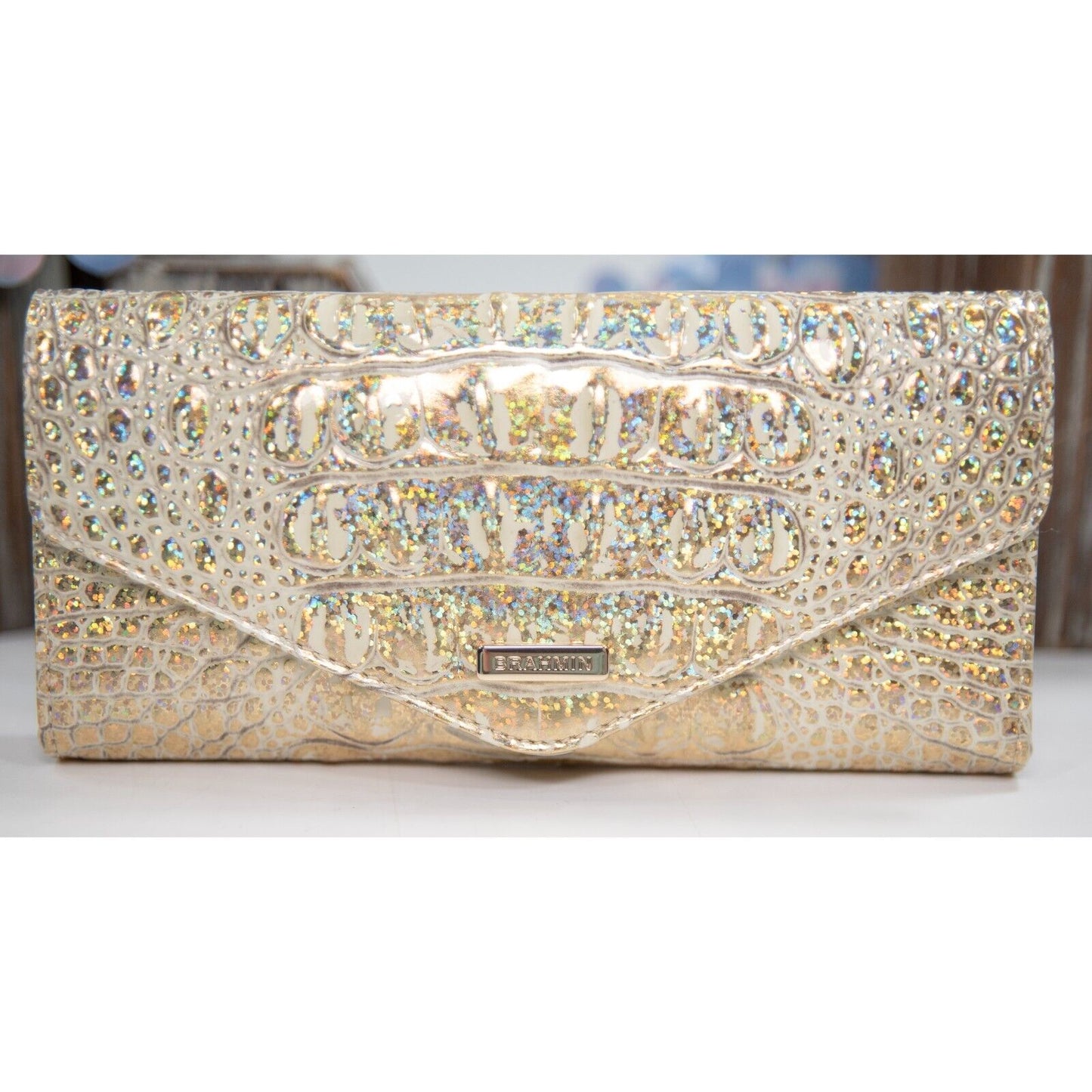 Brahmin Gold Hologram Ombre Iridescent Glitter Leather Veronica Flap Wallet NWT