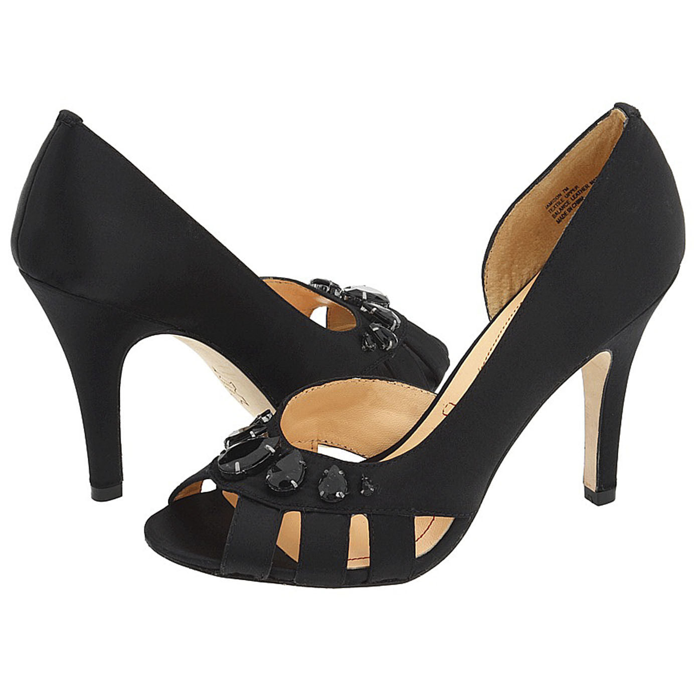 Pour La Victoire Jamison Jeweled Black Satin Leather D'Orsay Cut Out Heels 9