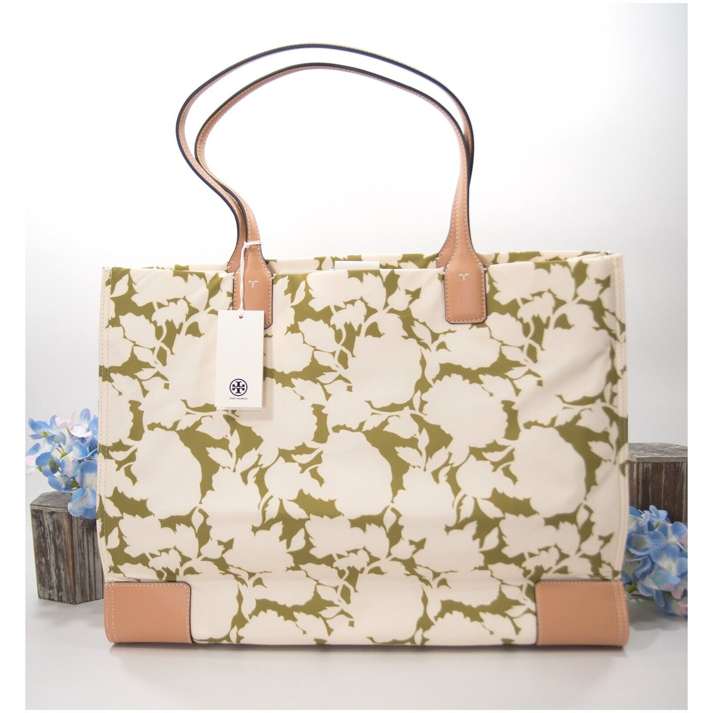 Tory Burch Ella Green Bold Flower Print Nylon Natural Leather Large Tote Bag NWT