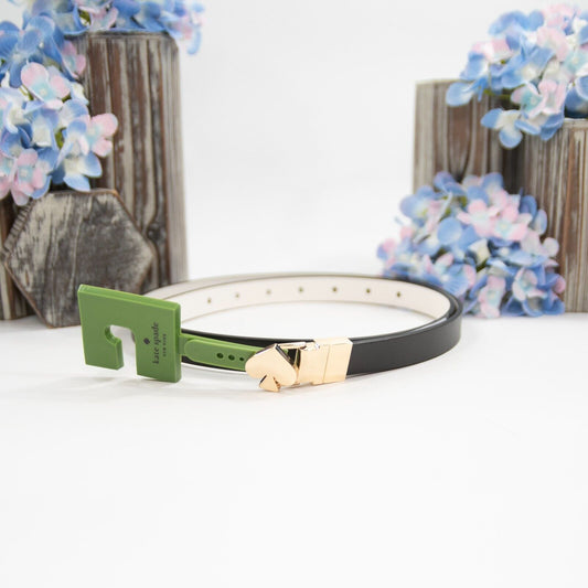 Kate Spade Black Cream Leather Slim Gold Plated Buckle Reversible Belt Lg NWT