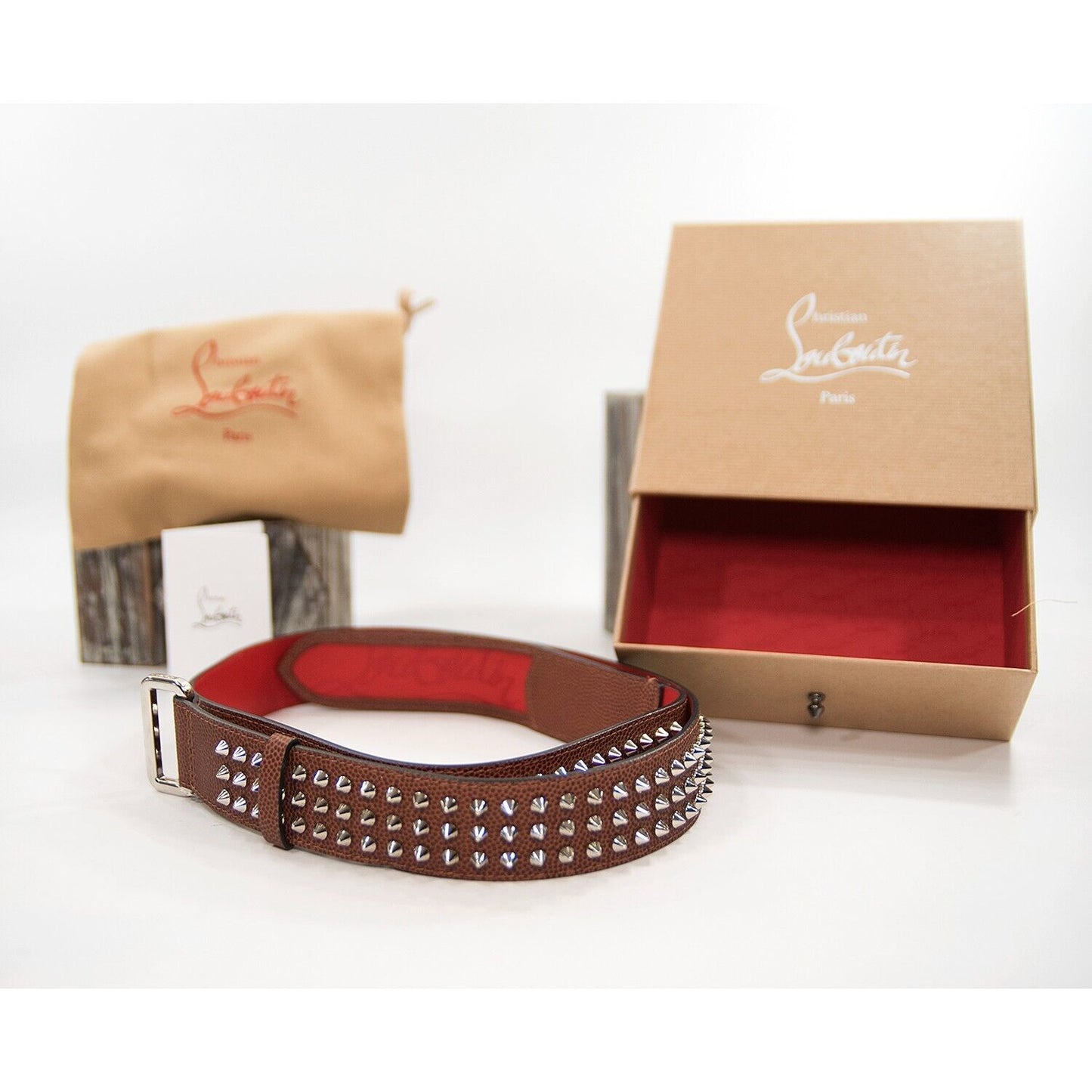 Christian Louboutin Brown Leather Spike Silver Belt NWT Box Dust Bag 115cm