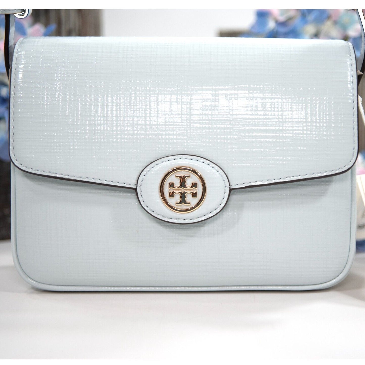 Tory Burch Robinson Crosshatched Ice Blue Leather Shoulder Satchel Bag NWT