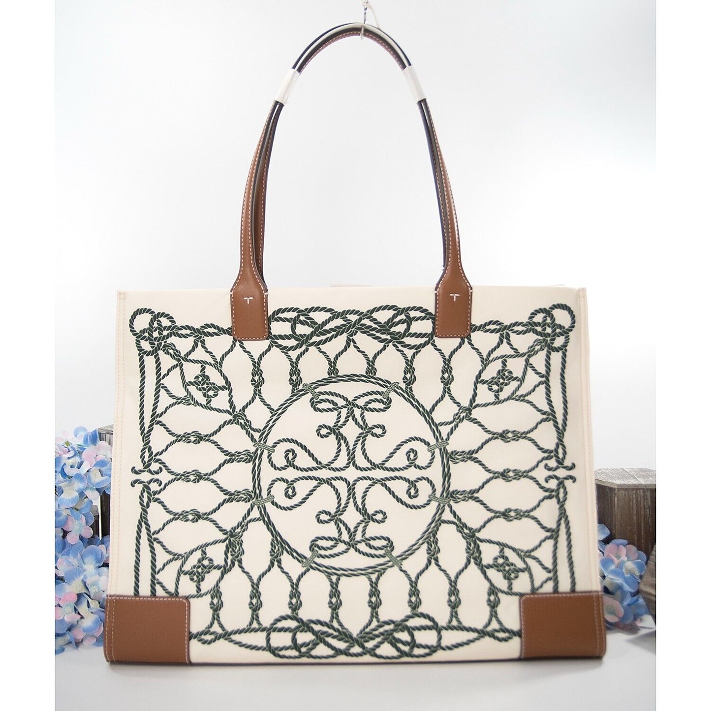 Tory Burch Ella Ivory Abstract Rope Print Nylon Leather Large Tote Bag Design Her Boutique