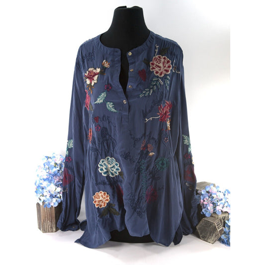 Johnny Was Workshop Silk Embroidered Floral Top Shirt Blouse Sz 3X NWT