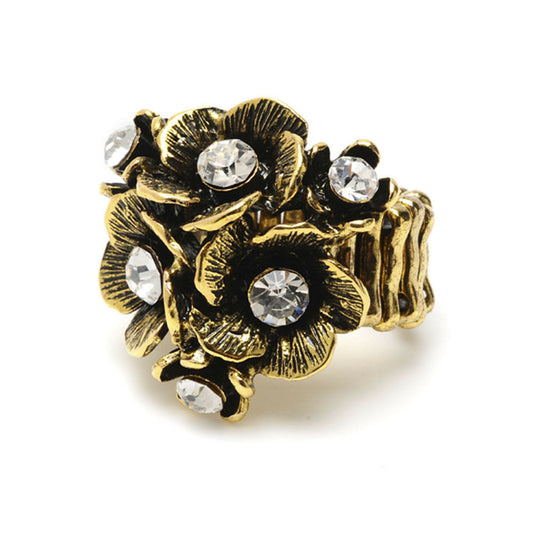 Amrita Singh Antique Gold Crystal Eliza Floral Stretch Cocktail Ring RC 478 NWT