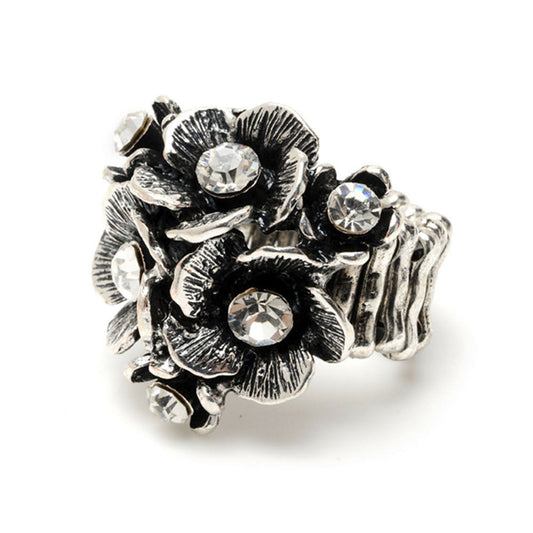 Amrita Singh Silver Crystal Eliza Floral Stretch Cocktail Ring RC 478 NWT