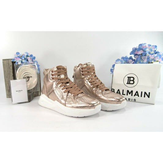 Balmain Rose Gold B-Ball High Top Leather Sneakers 38 NIB