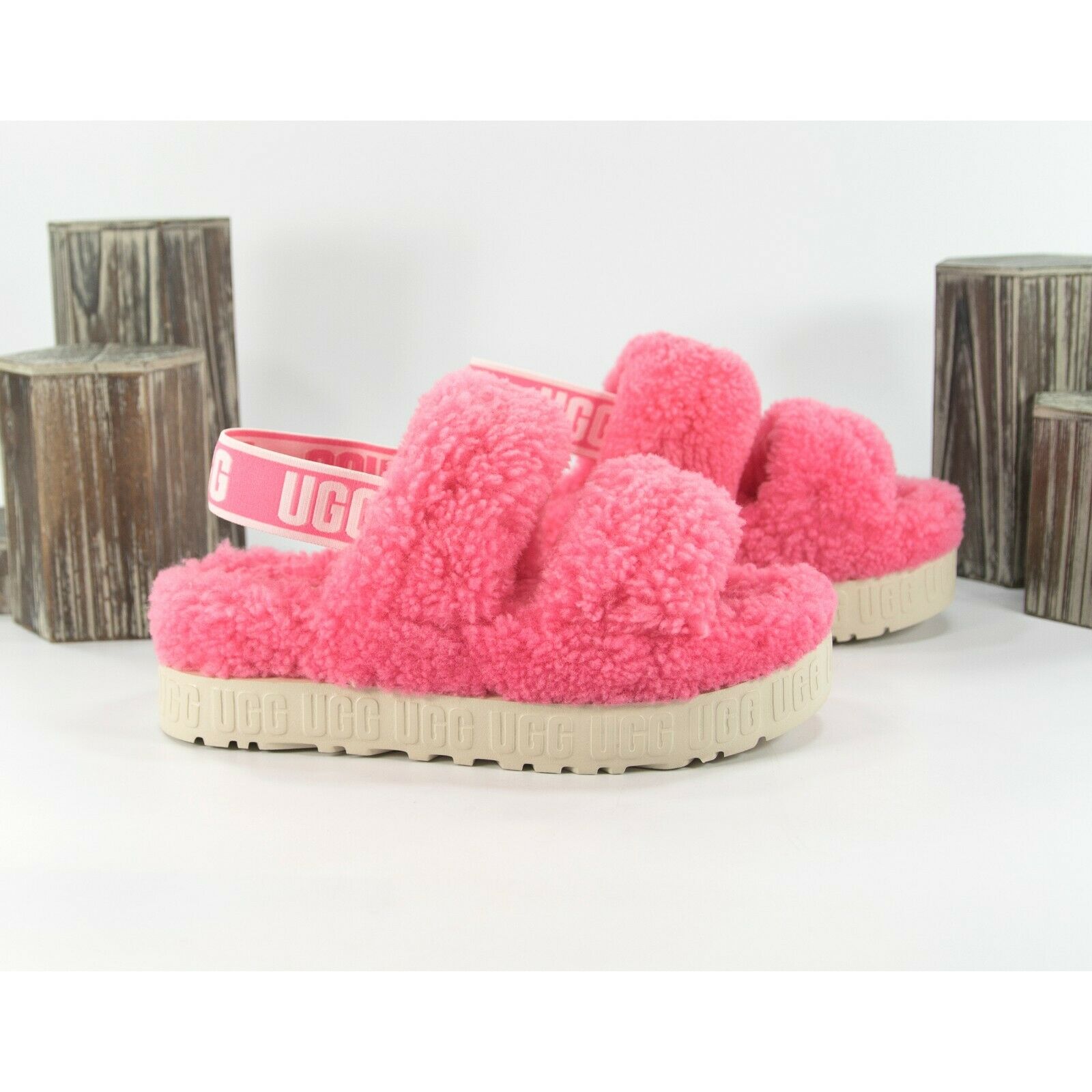 UGG Fluffita Oh Yea Pink Rose Sheepskin Fur Slippers Slides