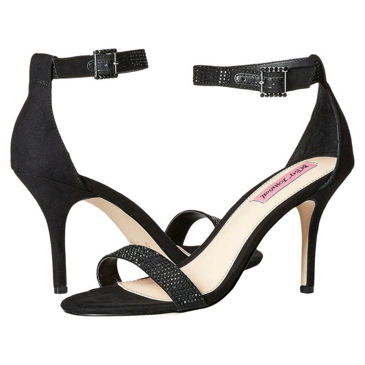 Betsey Johnson Brodway Black Satin Crystal Ankle Strap Heel Pumps 9.5 NIB