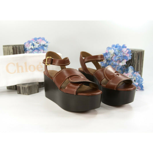 Chloe Sepia Brown Leather Twisted Flatform Sandal Heels 40 NIB